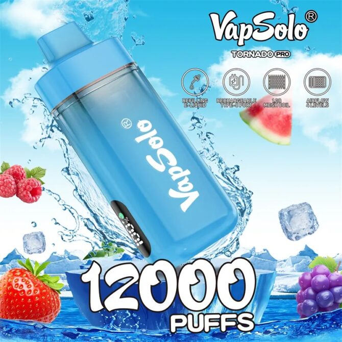VAPSOLO Tornado Pro 12K Puff Vapes Disposable Vape Pen Mesh Coil 12000 PUFFS E Zigarette Airflow RGB Led And Battery Power Indicator Light