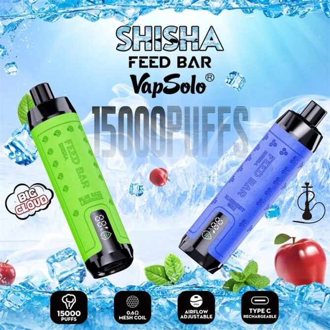 Vapsolo PUFF SHISHA 15000 Disposable Vapes Mesh Coil 0.6ohm Big Cloud DTL E Cigarette Hookah Pen 15K Puffs Digital Display Low Nic Vaper