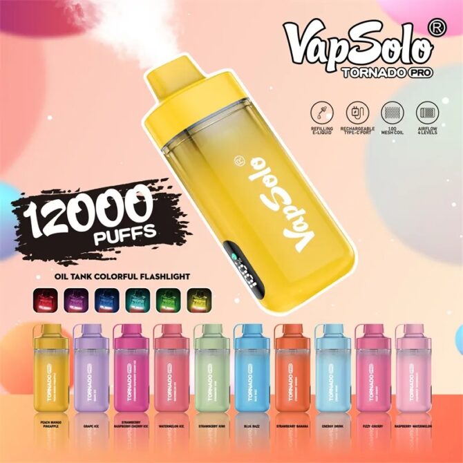 VAPSOLO Tornado Pro 12K Puff Vapes Disposable Vape Pen Mesh Coil 12000 PUFFS E Zigarette Airflow RGB Led And Battery Power Indicator Light