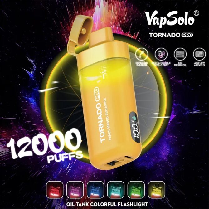 VAPSOLO Tornado Pro 12K Puff Vapes Disposable Vape Pen Mesh Coil 12000 PUFFS E Zigarette Airflow RGB Led And Battery Power Indicator Light