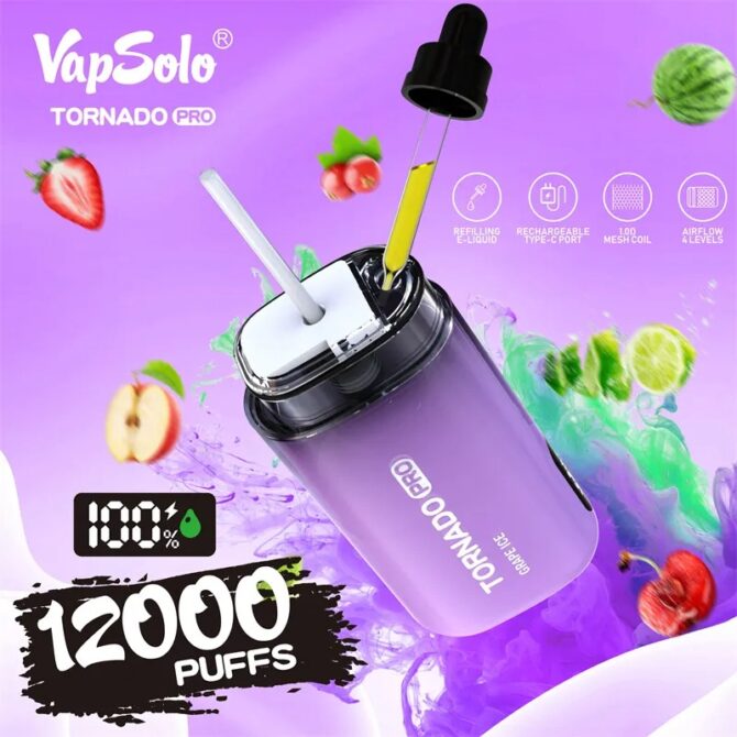 VAPSOLO Tornado Pro 12K Puff Vapes Disposable Vape Pen Mesh Coil 12000 PUFFS E Zigarette Airflow RGB Led And Battery Power Indicator Light
