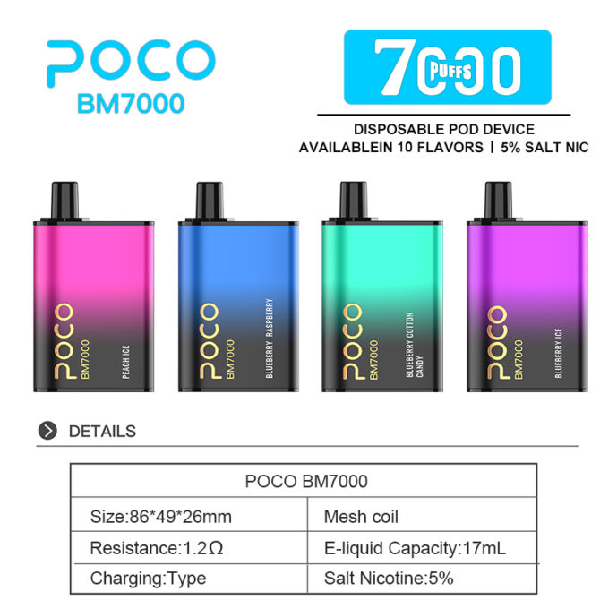 EU Warehouse POCO 7000 puff 850mAh Type-C Charger E liquid 17ML 1.2ohm Mesh coil 10 flavors Nicotine 50mg 5 day delivery vape puff poco