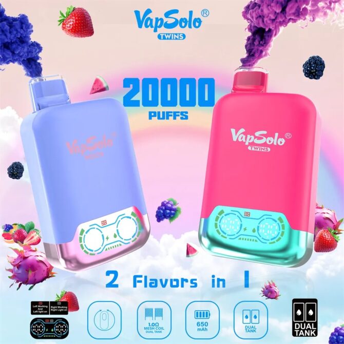 VAPSOLO Twins 20k PUFF Vapes Disposable Vaper Blendy Pens With Mesh Coil Digital Screen Display 15 Flavors Dual Tank 2 Flavor Options puff 20000