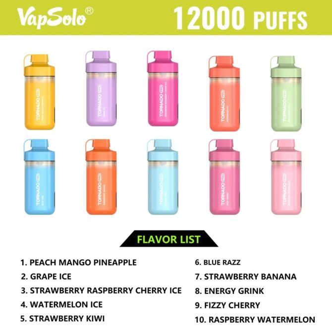 VAPSOLO Tornado Pro 12K Puff Vapes Disposable Vape Pen Mesh Coil 12000 PUFFS E Zigarette Airflow RGB Led And Battery Power Indicator Light