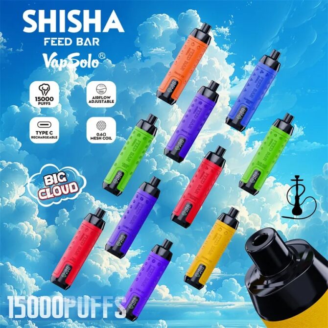 Vapsolo PUFF SHISHA 15000 Disposable Vapes Mesh Coil 0.6ohm Big Cloud DTL E Cigarette Hookah Pen 15K Puffs Digital Display Low Nic Vaper