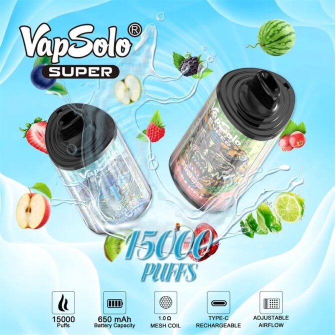 Vapsolo Super 15000 Puff Mesh Coil Vape Pen Cartridge Rechargeable Airflow Adjustable 15 Flavors Puff 15K