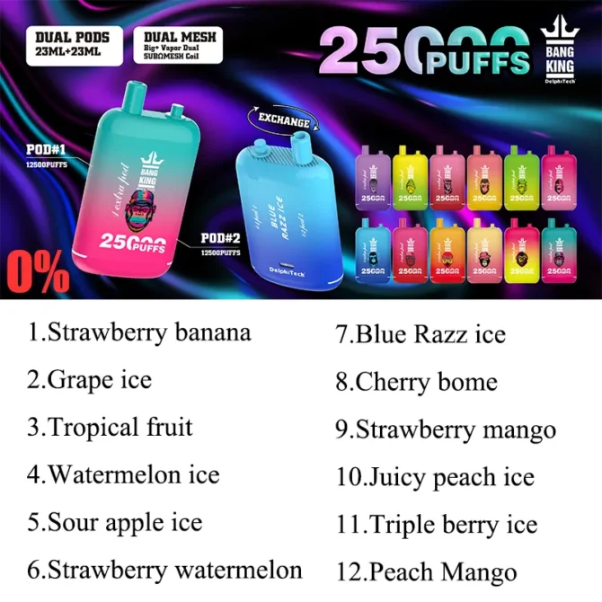 Original Bang king 25000 puff vapes disposable puff E-Zigaretten 46ml dual pod 0.8 Ohm Mesh Coil 0 % 2 % 3 % 5 % 650 mAh Bettery Puffs 25k
