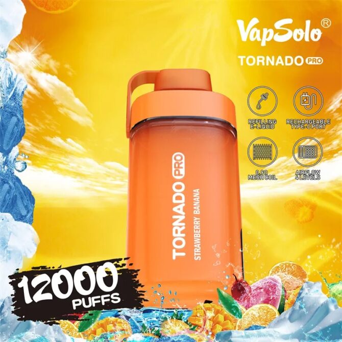 VAPSOLO Tornado Pro 12K Puff Vapes Disposable Vape Pen Mesh Coil 12000 PUFFS E Zigarette Airflow RGB Led And Battery Power Indicator Light