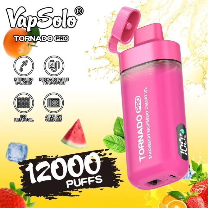VAPSOLO Tornado Pro 12K Puff Vapes Disposable Vape Pen Mesh Coil 12000 PUFFS E Zigarette Airflow RGB Led And Battery Power Indicator Light