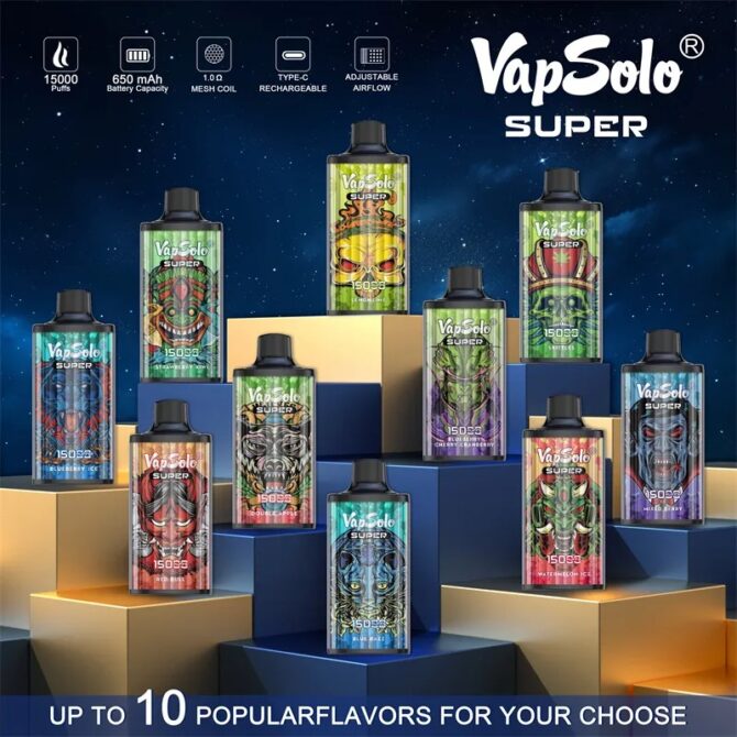 Vapsolo Super 15000 Puff Mesh Coil Vape Pen Cartridge Rechargeable Airflow Adjustable 15 Flavors Puff 15K