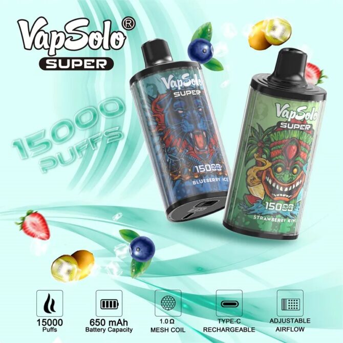 Vapsolo Super 15000 Puff Mesh Coil Vape Pen Cartridge Rechargeable Airflow Adjustable 15 Flavors Puff 15K