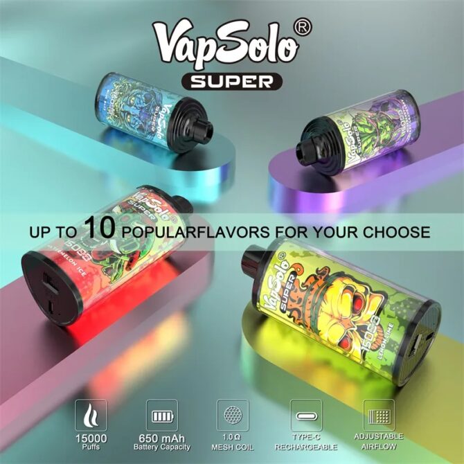 Vapsolo Super 15000 Puff Mesh Coil Vape Pen Cartridge Rechargeable Airflow Adjustable 15 Flavors Puff 15K