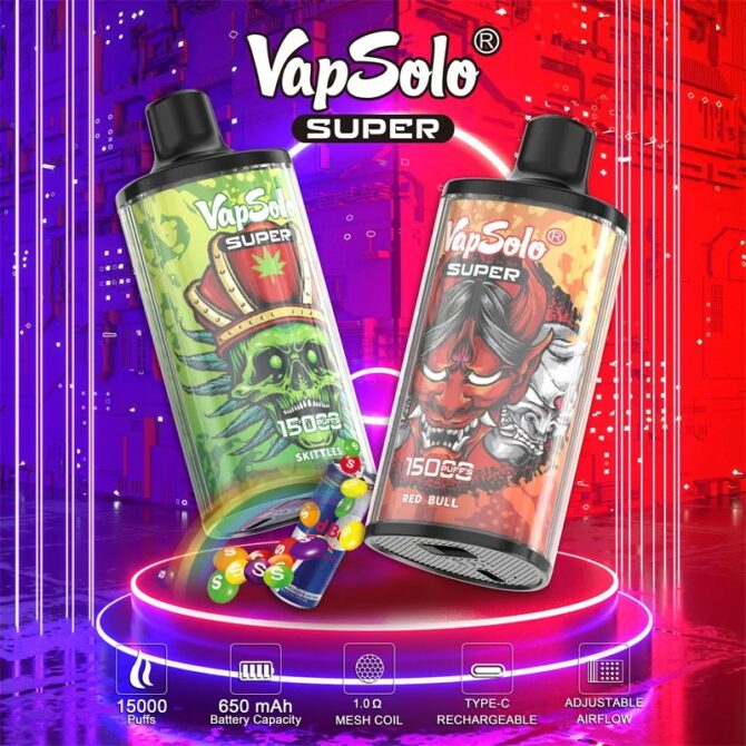 Vapsolo Super 15000 Puff Mesh Coil Vape Pen Cartridge Rechargeable Airflow Adjustable 15 Flavors Puff 15K