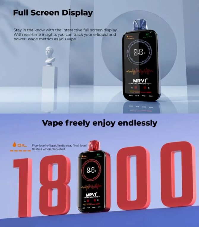 Mrvi 18K Puffs eu ship Arting Vape Bar E-Cigarettes 26ml with Full Screen Display Wholesale Disposable Vape Shop Near Me 18000 Puffs