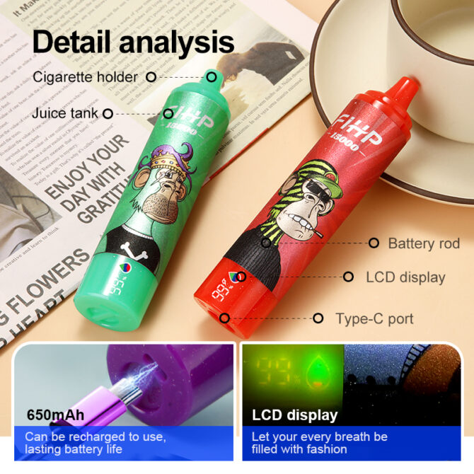 Fihp 15000 Puffs Vaper Disposable Vapes Electronic Cigarettes LED Display 22ml Rechargeable Puff 15k Vapers