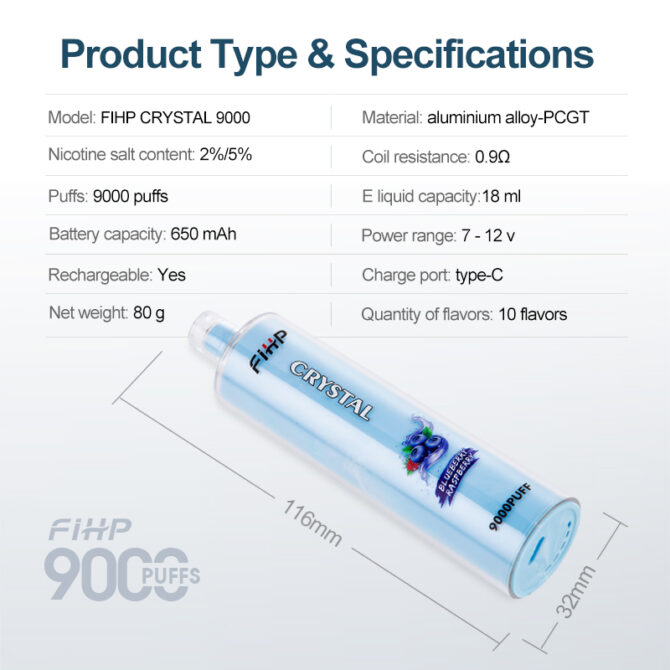 Fihp crystal 9000 Puffs Vaper Disposable Vapes Electronic Cigarettes puff 9k pro vape shop store