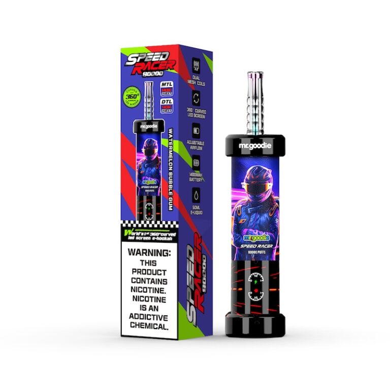 A black and blue electronic cigarette with a box.