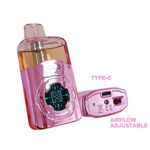 Vape device with pink transparent body, digital display, Type-C port, and airflow adjustment.